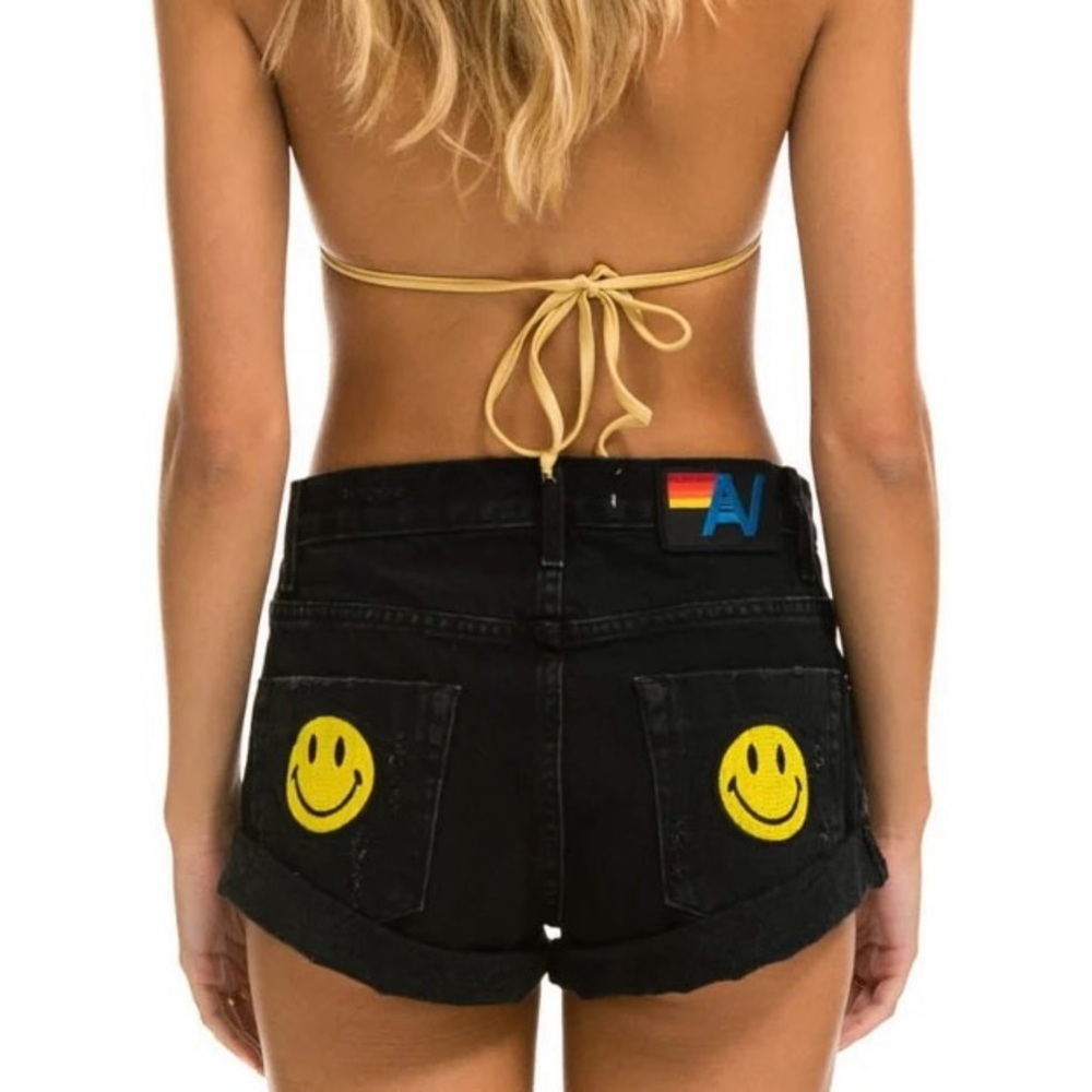 Aviator Nation Low Rise Rocker Jean Shorts in Vintage Black Happy Face Size 27